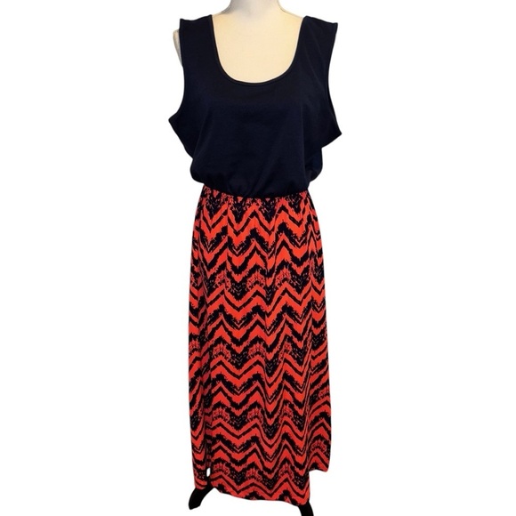 Rue+ Navy Blue and Orange Chevron Maxi Dress, sz 1X - Picture 1 of 8